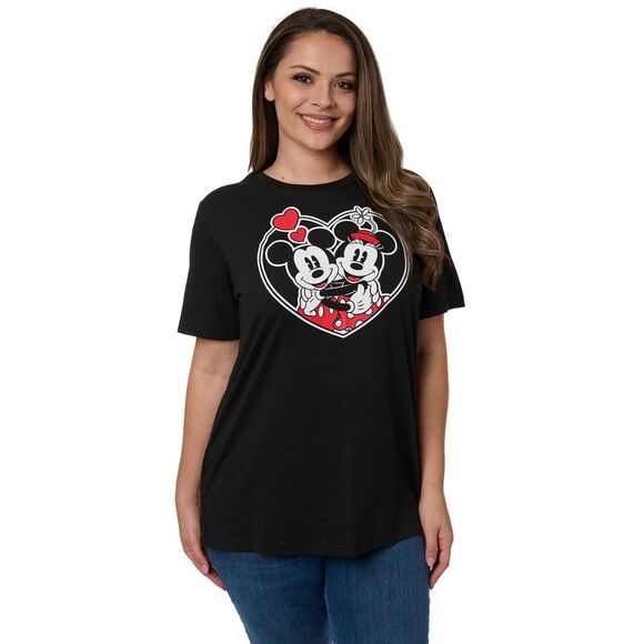 New Disney Womens Plus Size Mickey and Minnie Mouse T-Shirt Heart Hugs Black - Picture 2 of 6